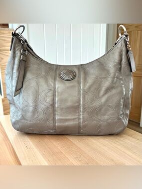 Coach Signature Taupy Metallic Leather Hobo Bag